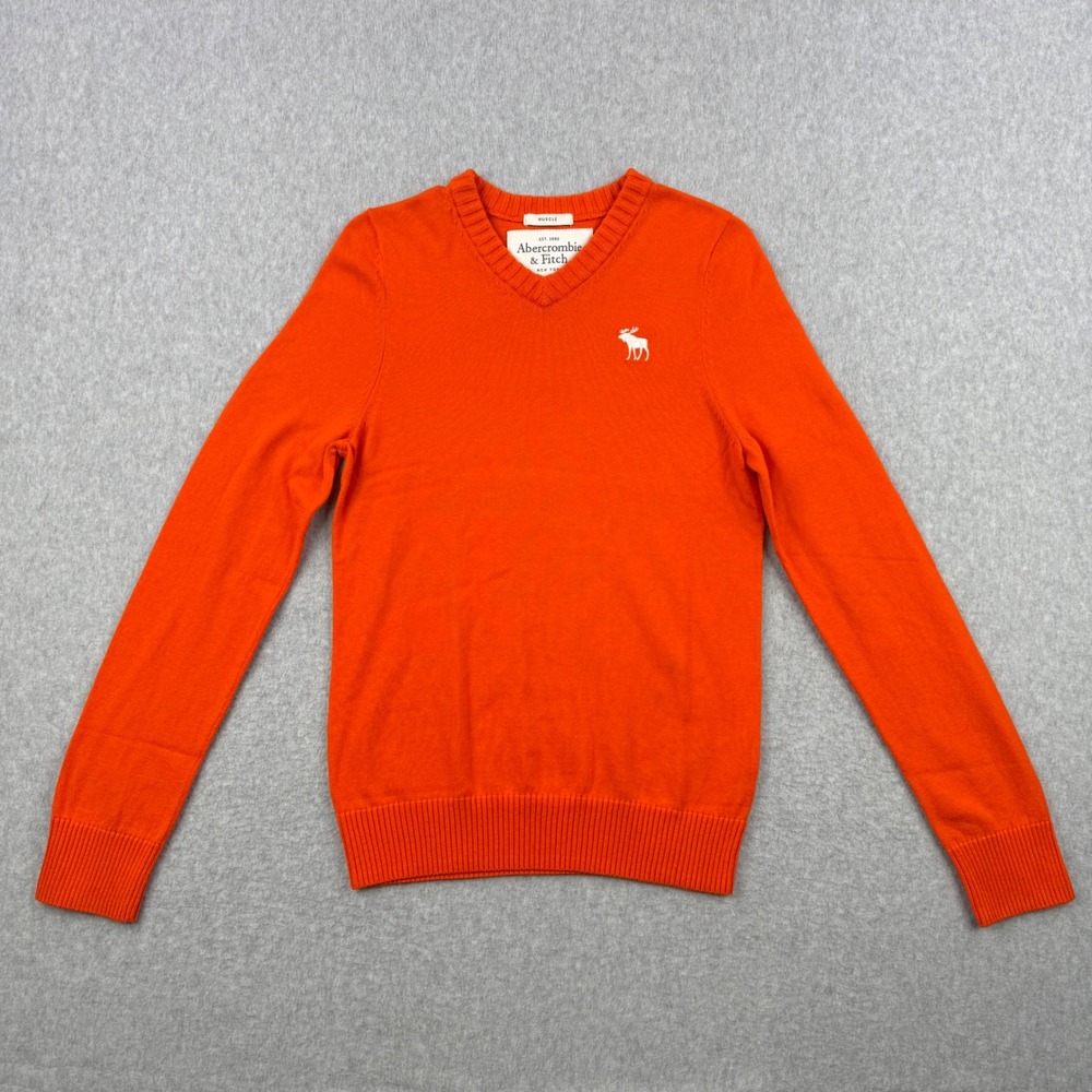 Abercrombie & Fitch Sweater Mens Medium Orange Muscle V Neck Cashmere Wool Blend